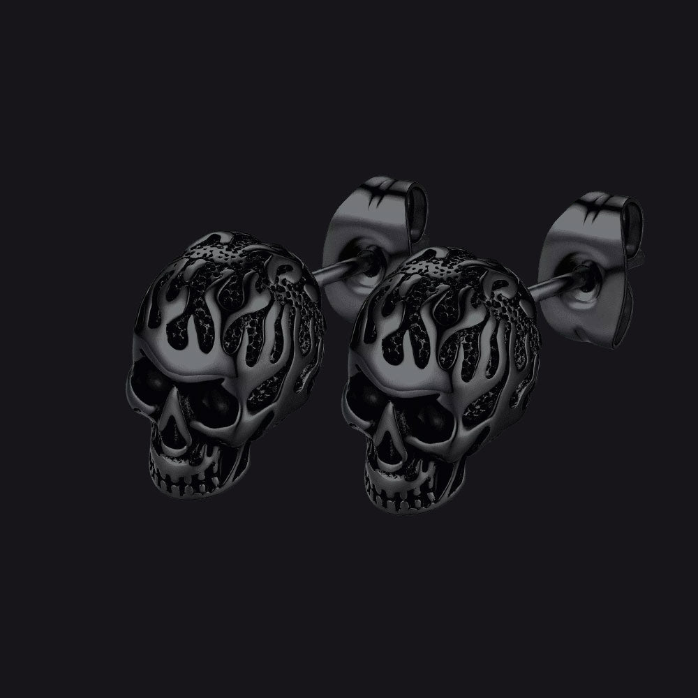 Gothic Flaming Skull Stud Earrings For Men