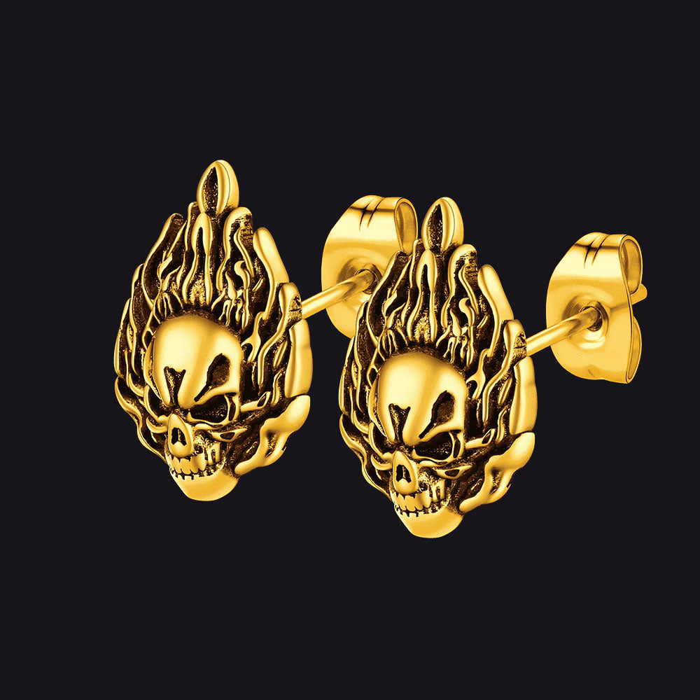 Flame Skull Stud Earrings For Men