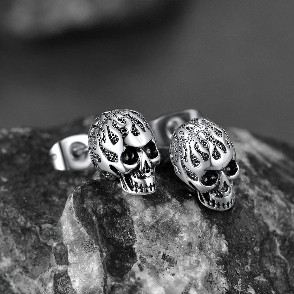 Gothic Flaming Skull Stud Earrings For Men