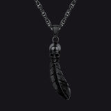 Gothic Stainless Steel Skull Feather Necklace