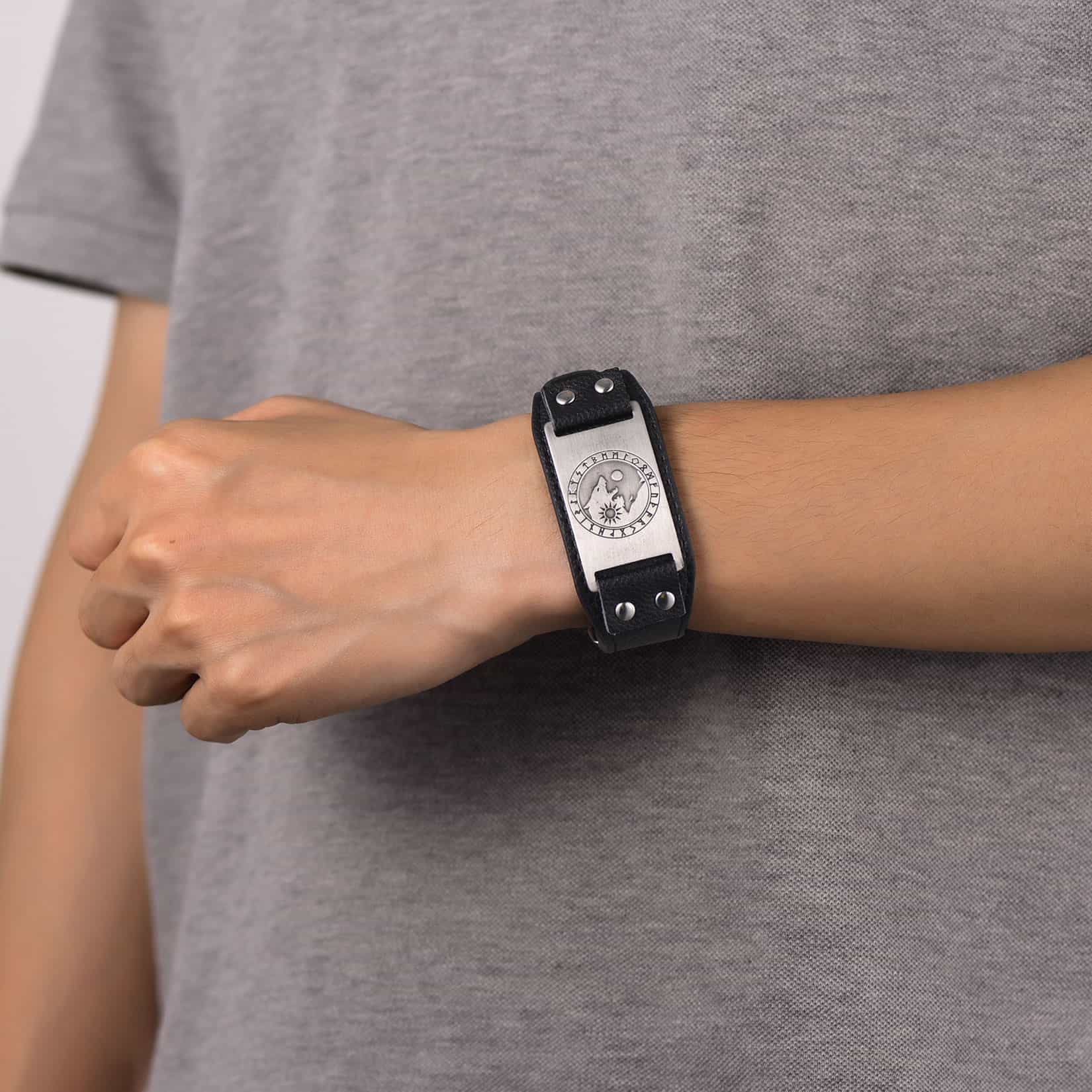 Viking Nordic Wolf Black Leather Bracelet Wristband for Men