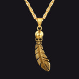 Gothic Stainless Steel Skull Feather Necklace