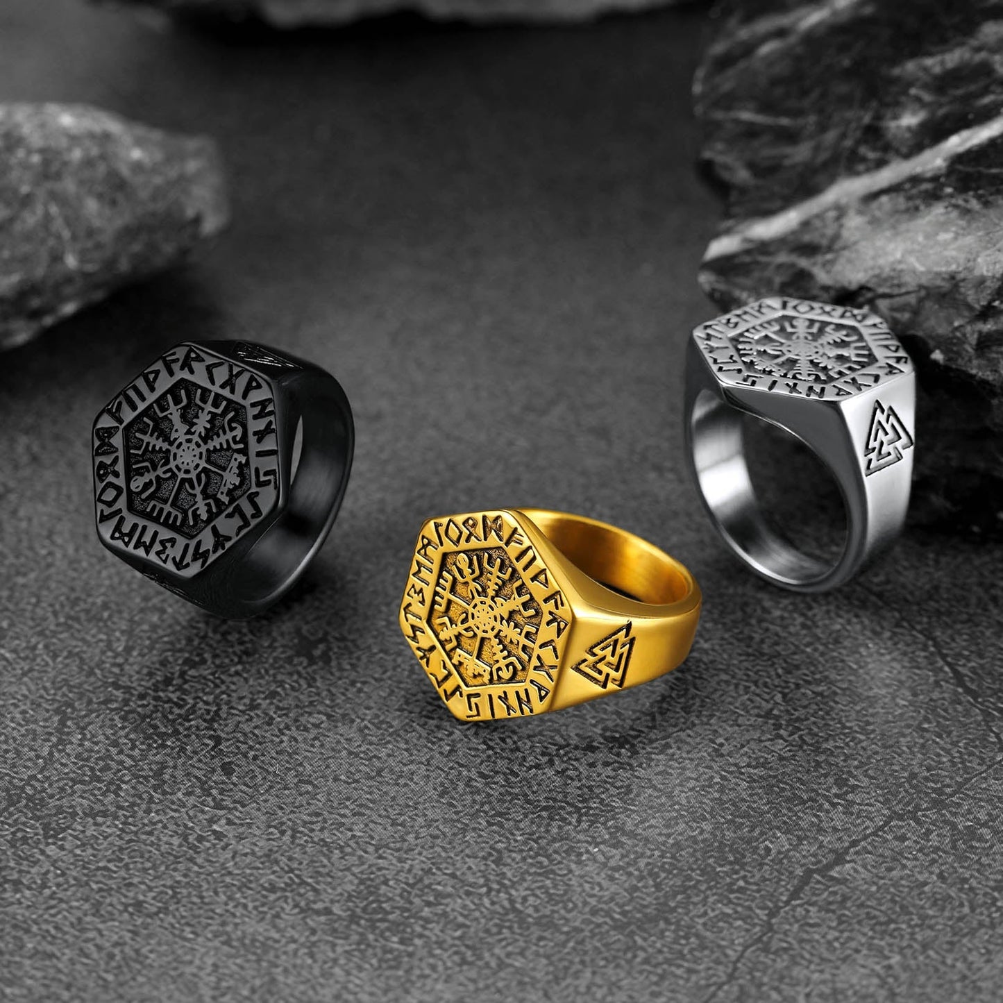 Viking Hexagon Compass Ring With Runes For Men