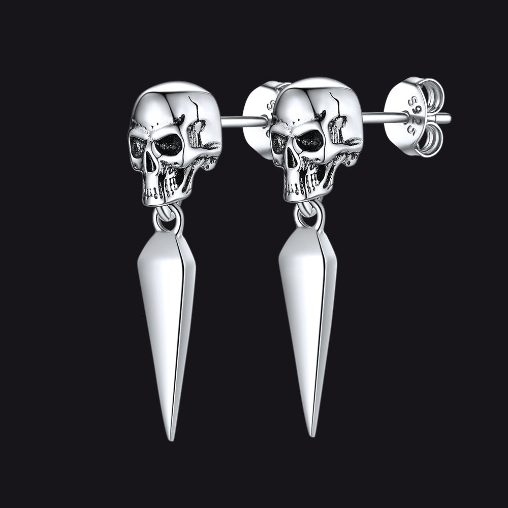 Sterling Silver Gothic Skull Dangle Stud Earrings For Men