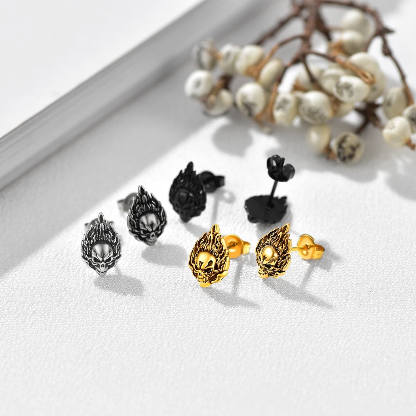 Flame Skull Stud Earrings For Men