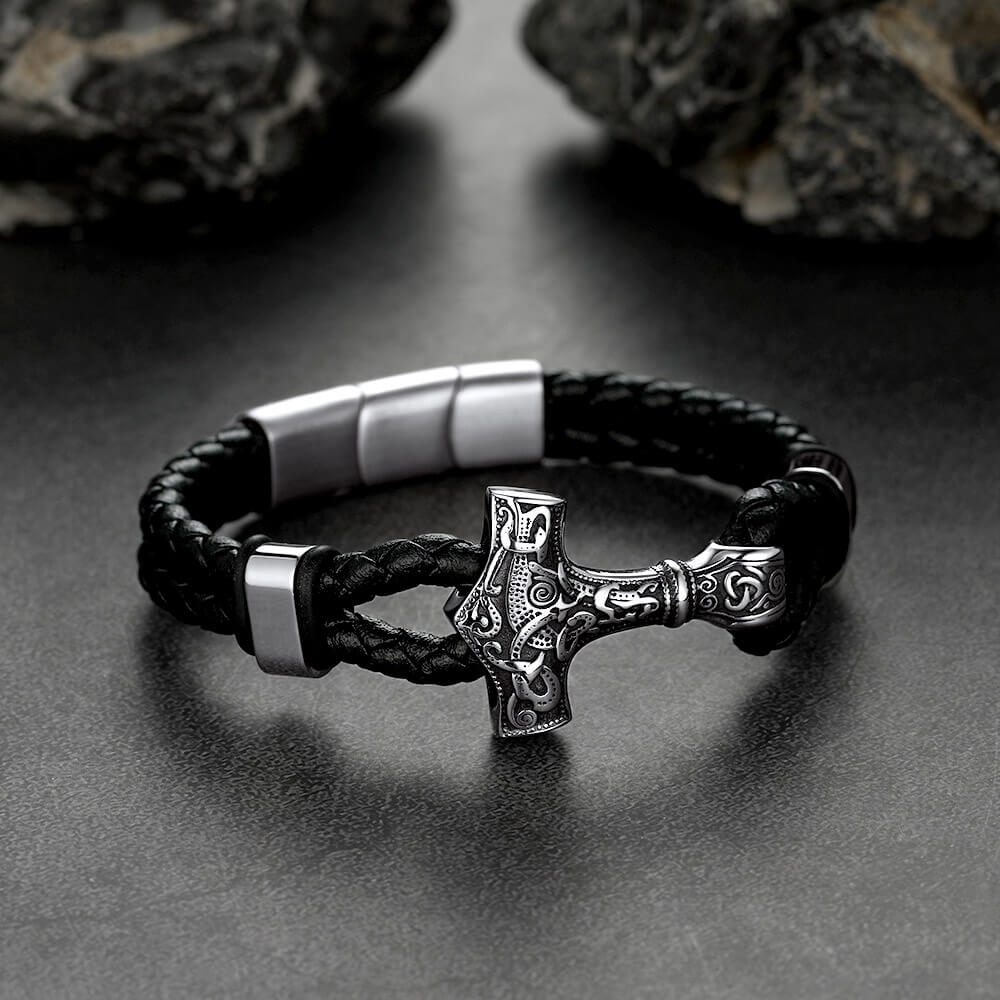 Viking Thor's Hammer Mjolnir Braided Leather Bracelet Gift For Men