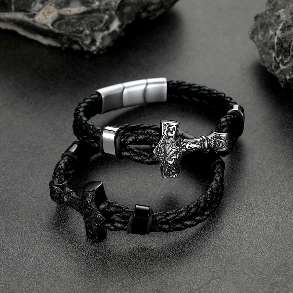 Viking Black Engraved Leather Braided Wristband Bracelet for Men