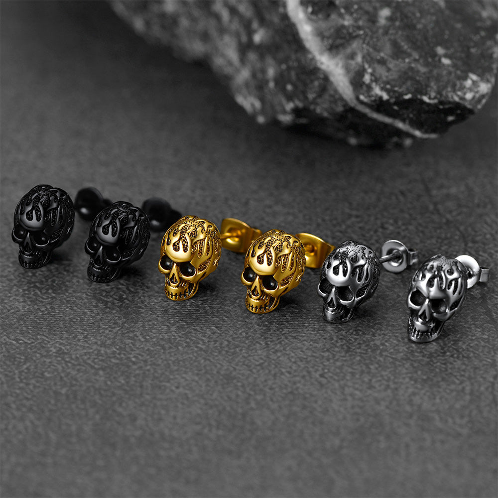 Gothic Flaming Skull Stud Earrings For Men