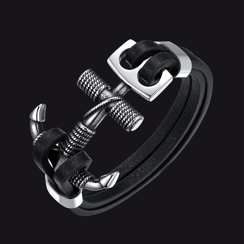 Viking Stainless Steel Anchor Black Leather Bracelet for Men