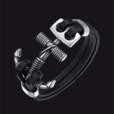 Viking Stainless Steel Anchor Black Leather Bracelet for Men