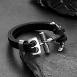 Viking Stainless Steel Anchor Black Leather Bracelet for Men