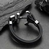 Viking Stainless Steel Anchor Black Leather Bracelet for Men