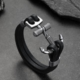 Viking Stainless Steel Anchor Black Leather Bracelet for Men