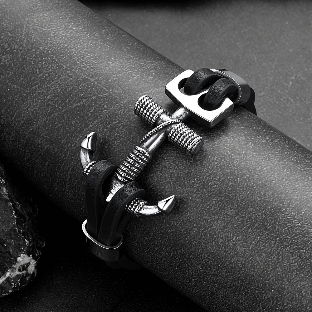 Viking Stainless Steel Anchor Black Leather Bracelet for Men