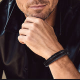 Viking Black Engraved Leather Braided Wristband Bracelet for Men