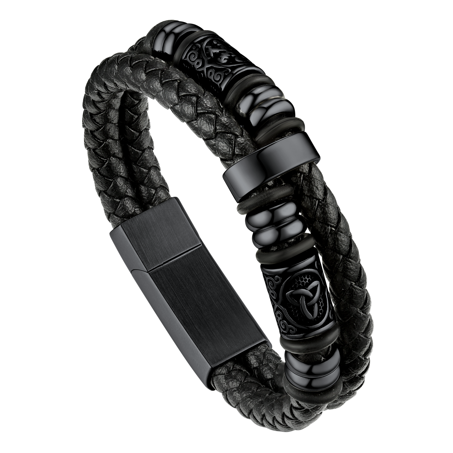 Viking Black Engraved Leather Braided Wristband Bracelet for Men
