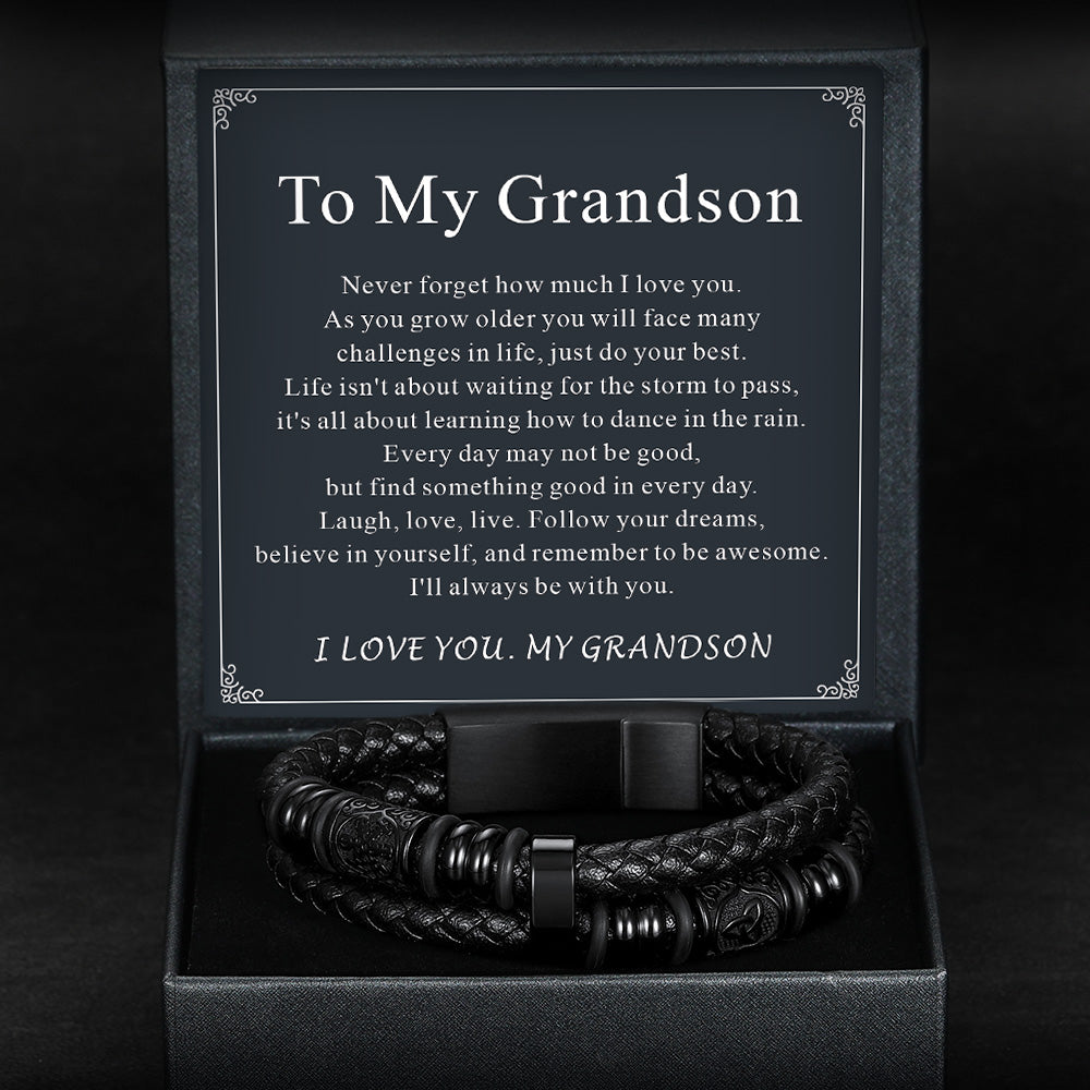 Engraved Viking Leather Braided Wristband Bracelet Gift for Men/Grandson