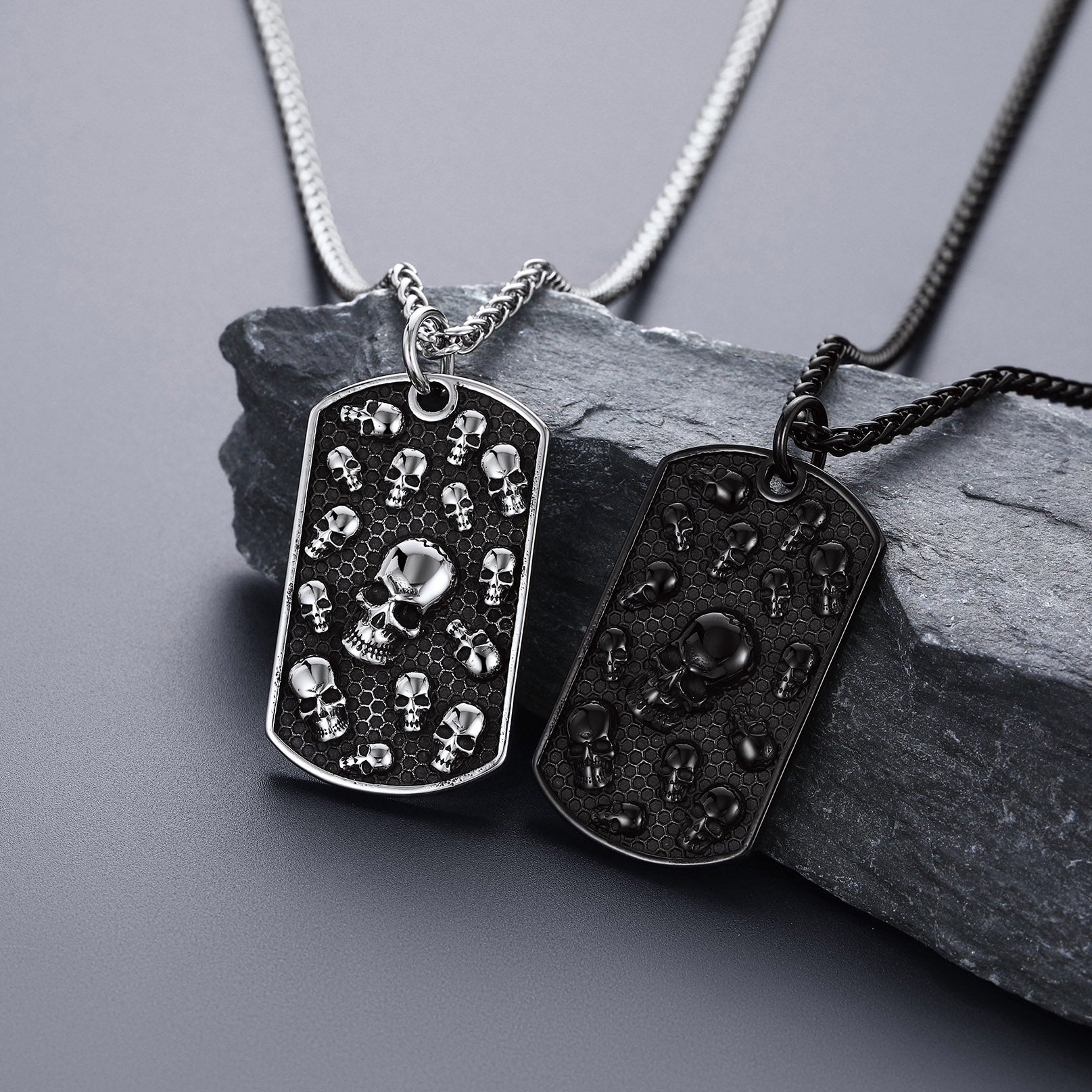 Engraved Multi Skull Dog Tag Necklace for Men