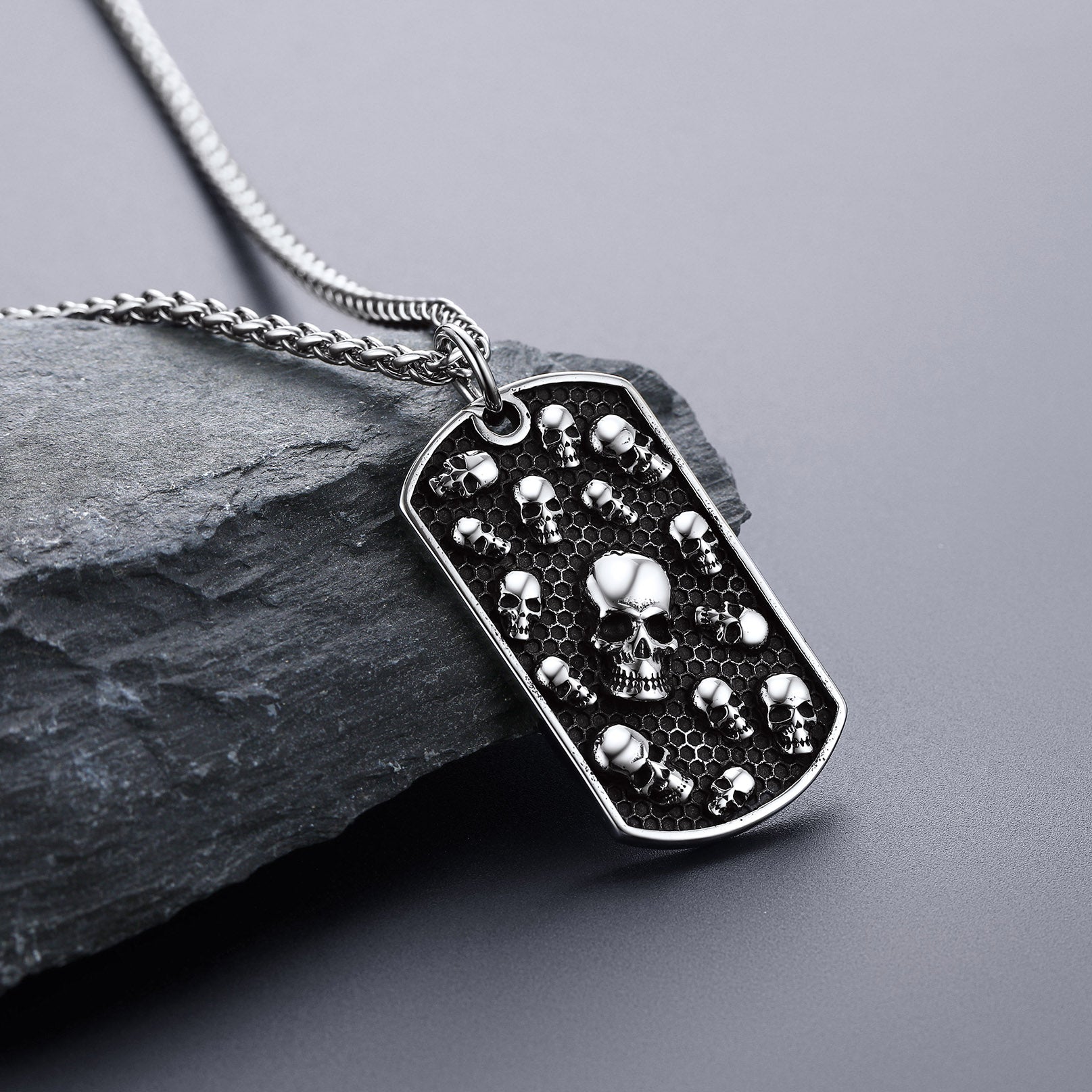 Engraved Multi Skull Dog Tag Necklace for Men