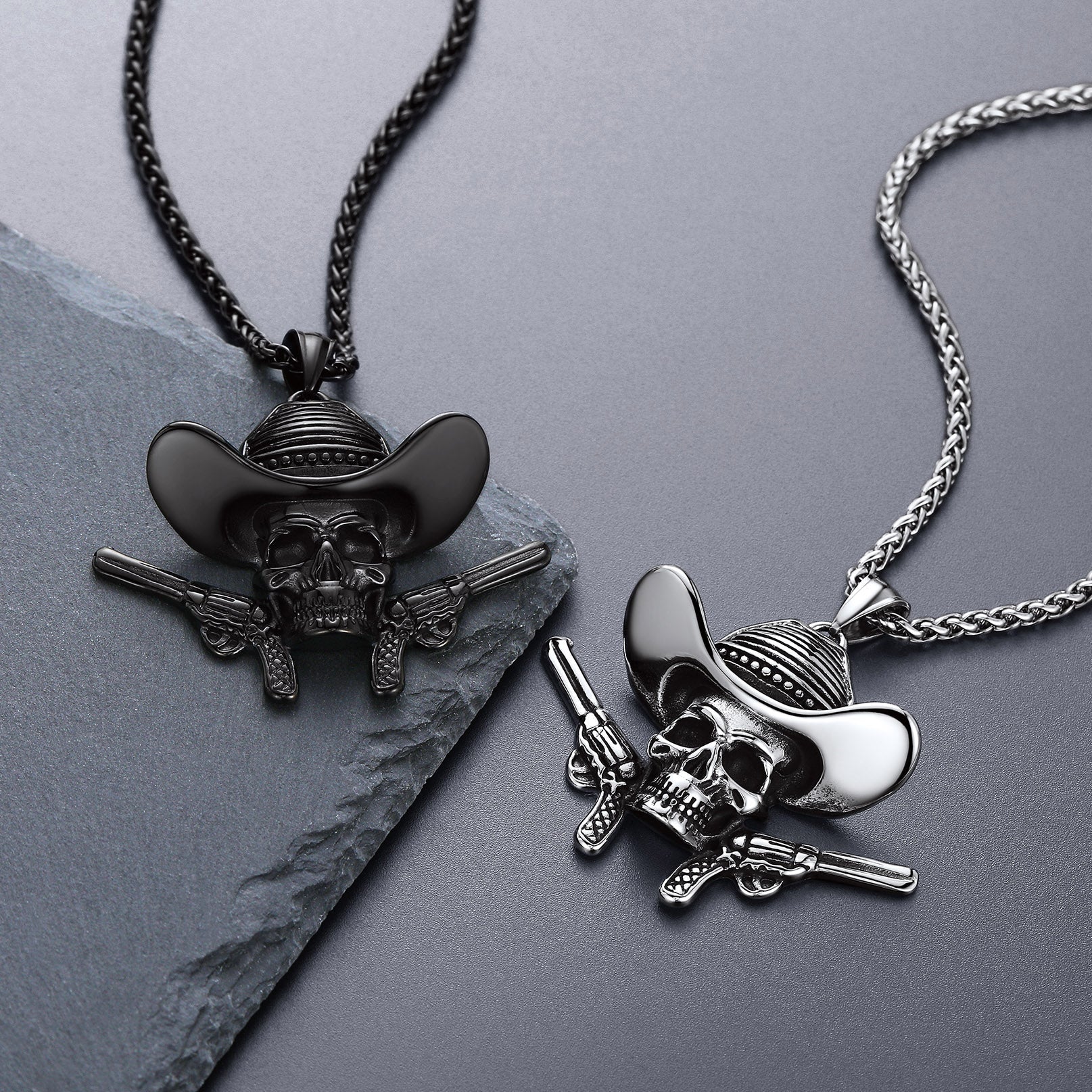 Gothic Cowboy Skull Pendant Necklace for Men