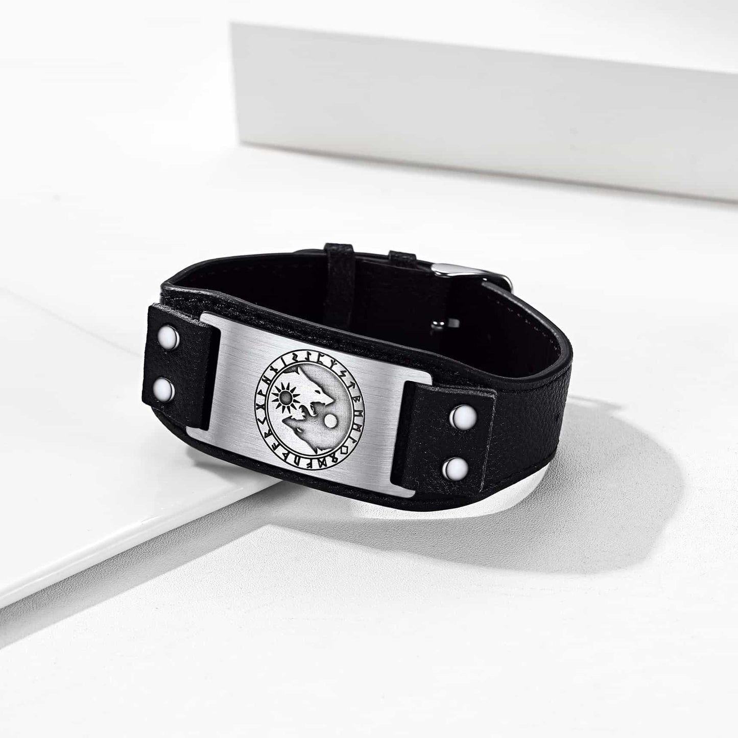 Viking Nordic Wolf Black Leather Bracelet Wristband for Men
