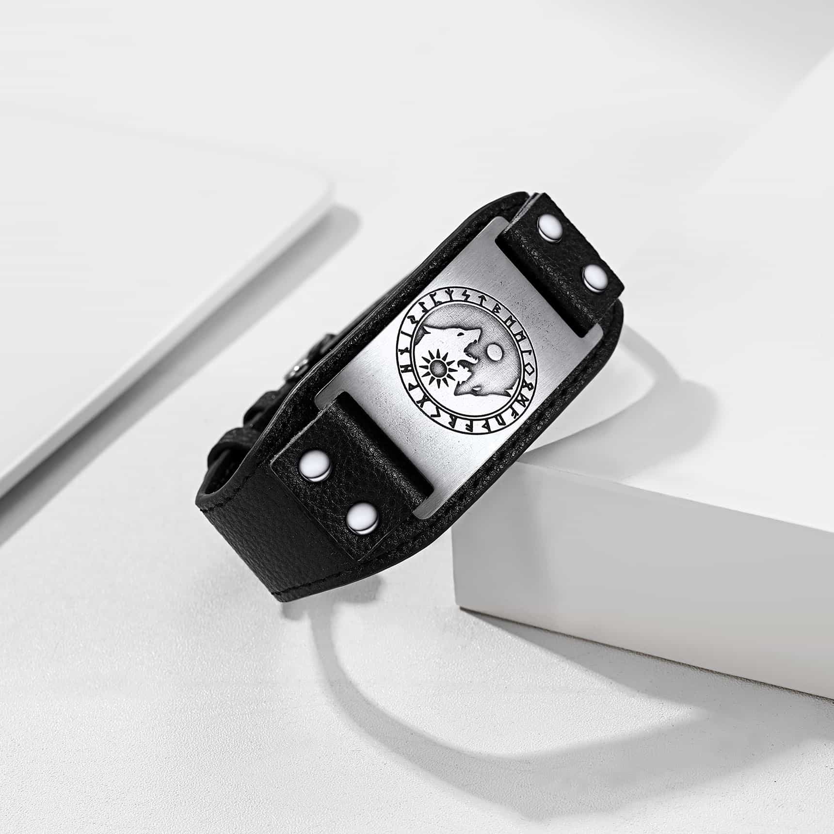 Viking Nordic Wolf Black Leather Bracelet Wristband for Men