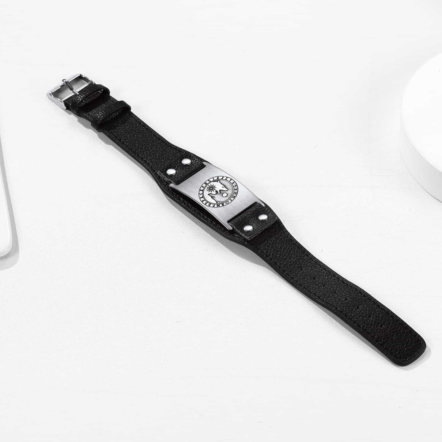 Viking Nordic Wolf Black Leather Bracelet Wristband for Men