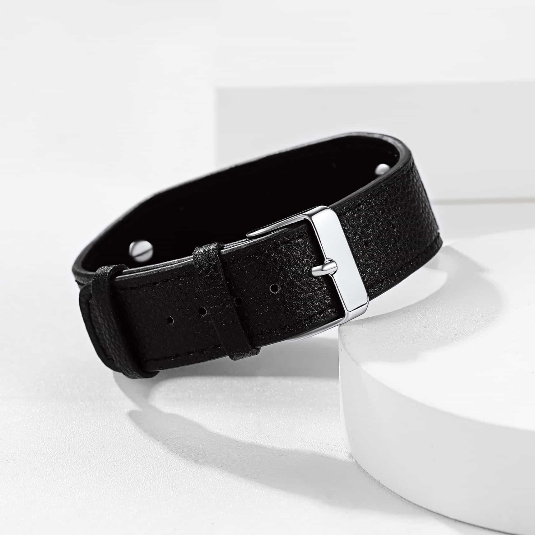 Viking Nordic Wolf Black Leather Bracelet Wristband for Men