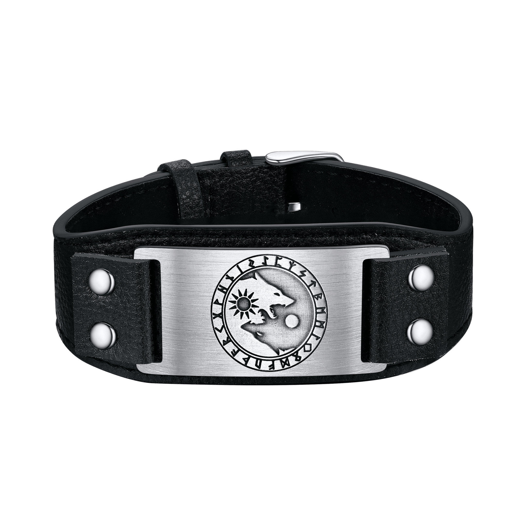 Viking Nordic Wolf Black Leather Bracelet Wristband for Men