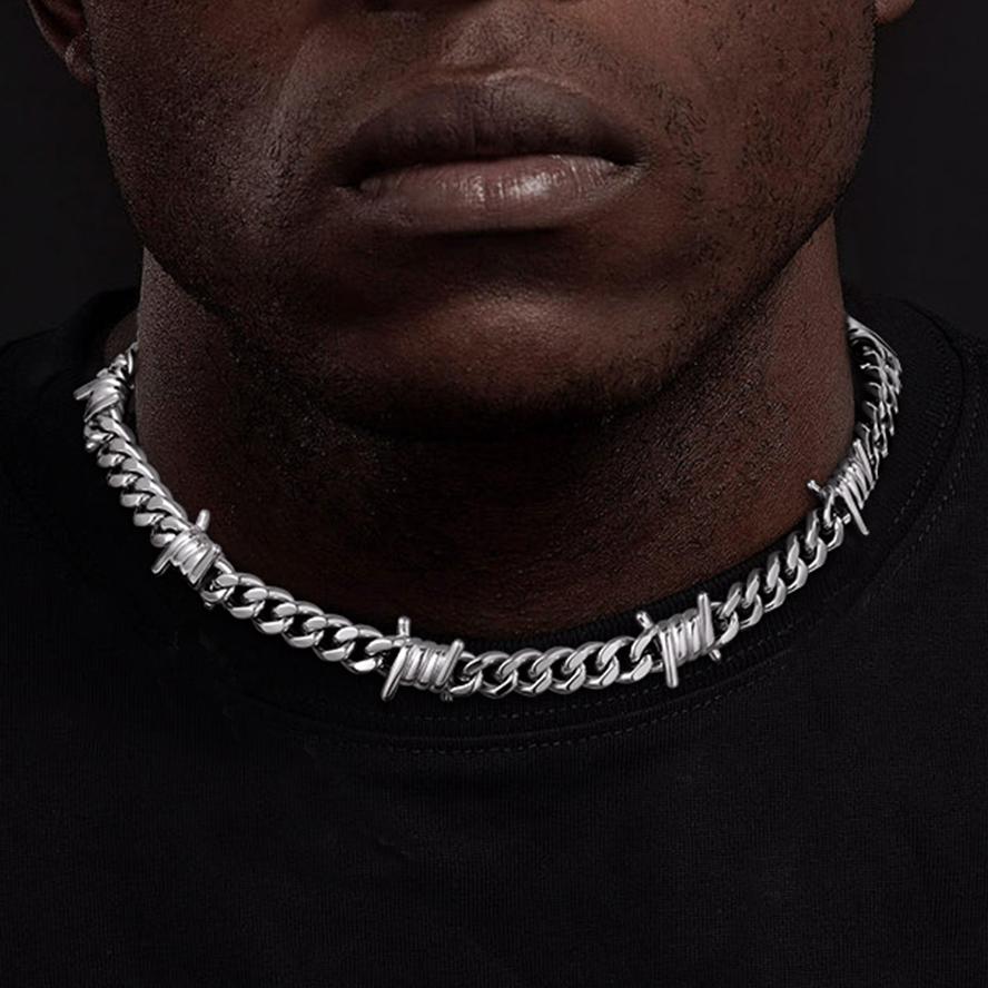 Barbed Wire Cuban Link Chain Choker Necklace for Men Women