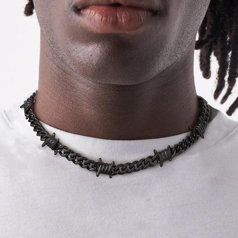 Barbed Wire Cuban Link Chain Choker Necklace for Men Women