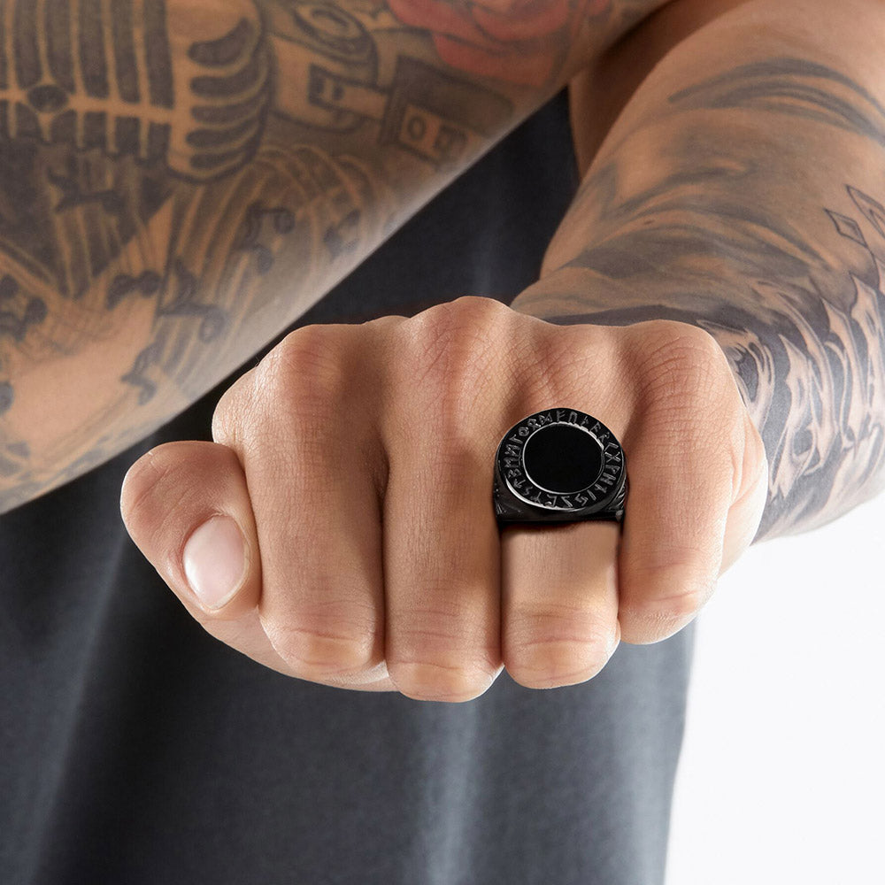 Black Onyx Signet Ring with Viking Runes for Men