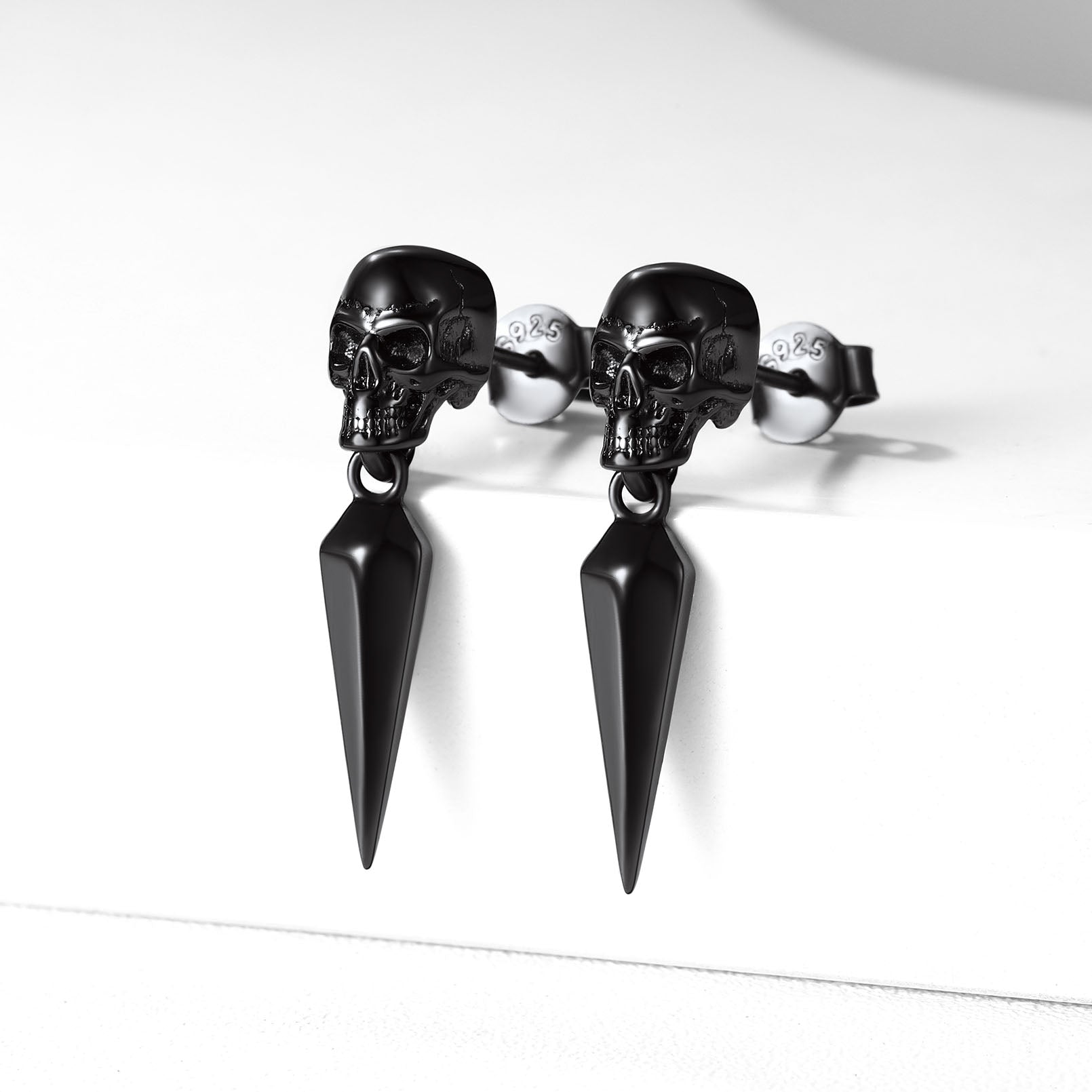 Sterling Silver Gothic Skull Dangle Stud Earrings For Men