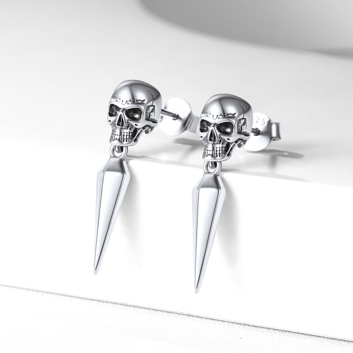 Sterling Silver Gothic Skull Dangle Stud Earrings For Men