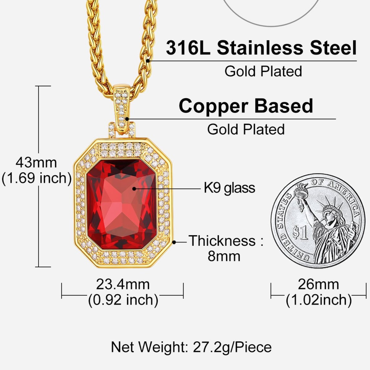 Cubic Zirconia Gemstone Crystal Dog Tag Necklace for Men