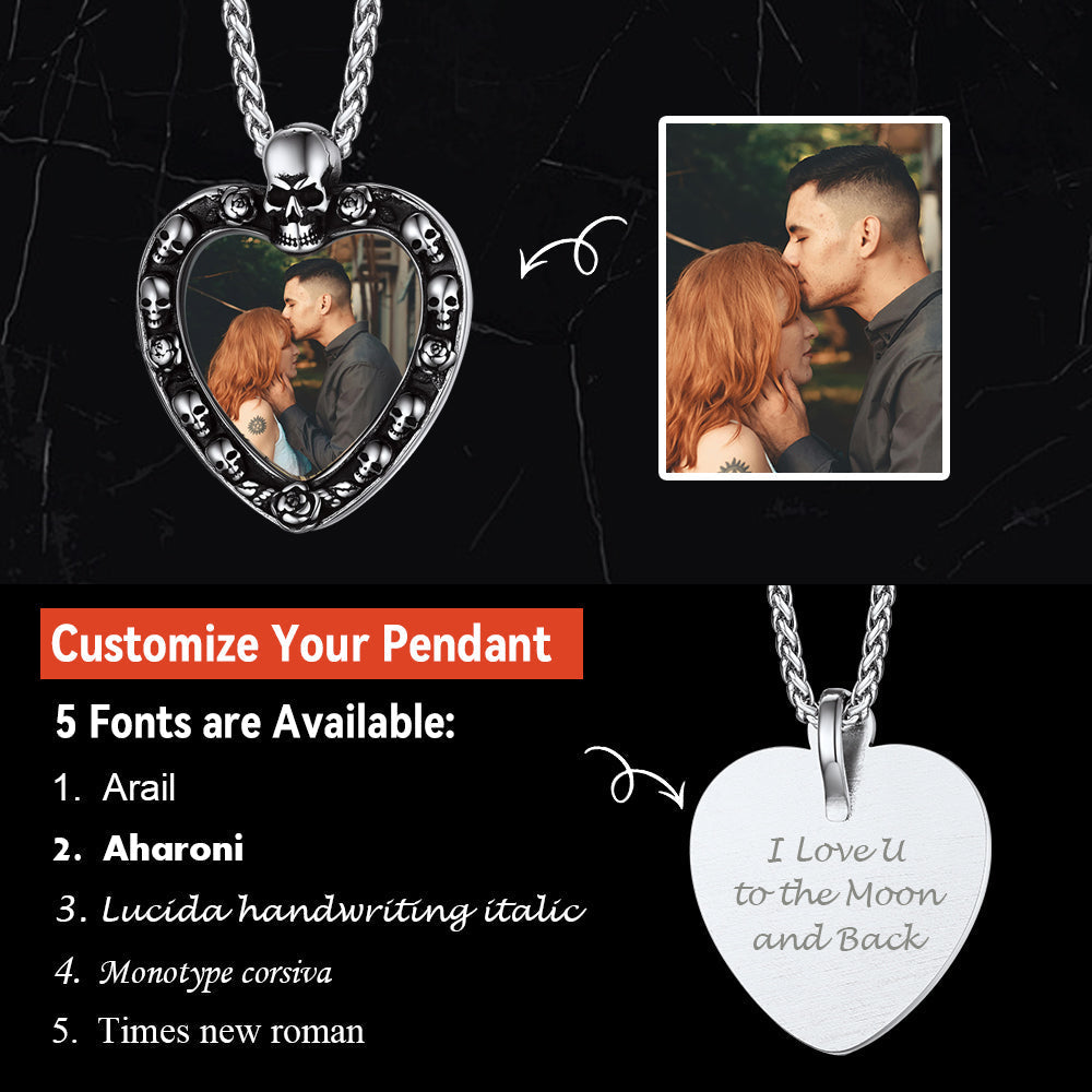 Customized Memorial Heart Photo Necklace with Skull for Men Women