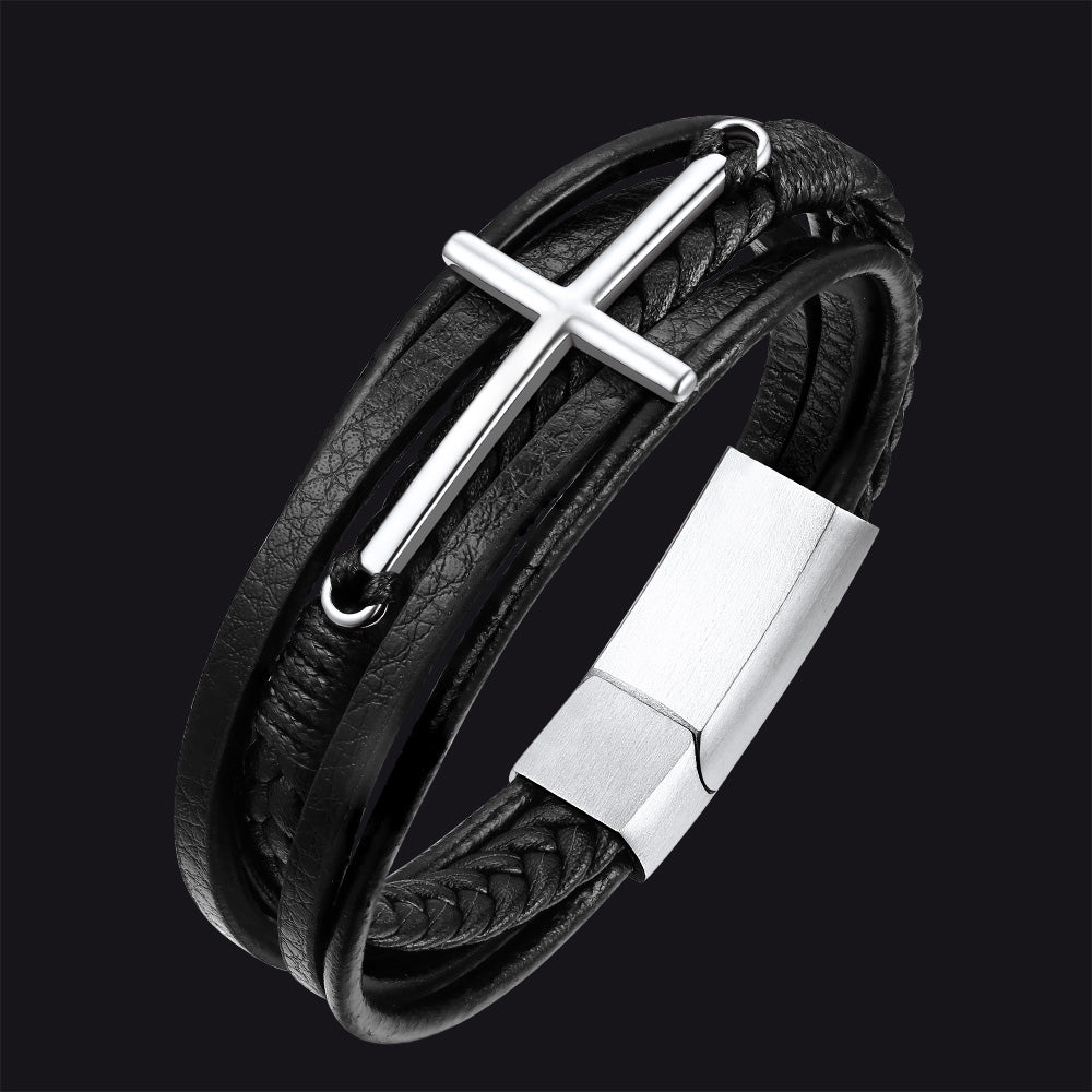 Viking Black Engraved Leather Braided Wristband Bracelet for Men