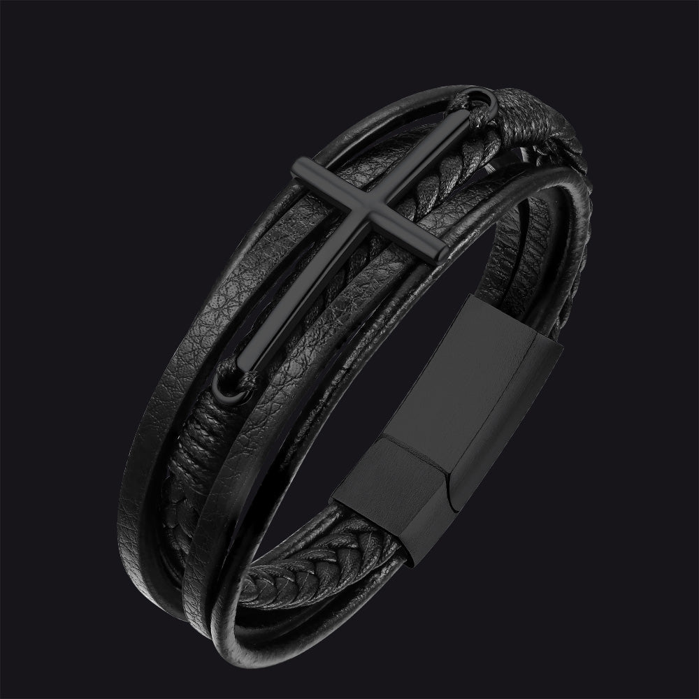 Viking Black Engraved Leather Braided Wristband Bracelet for Men