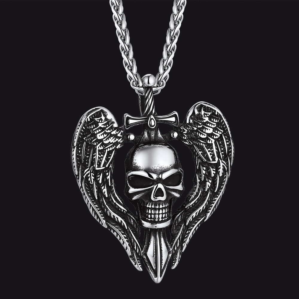 Gothic Sword Wings Skull Pendant Necklace for Men