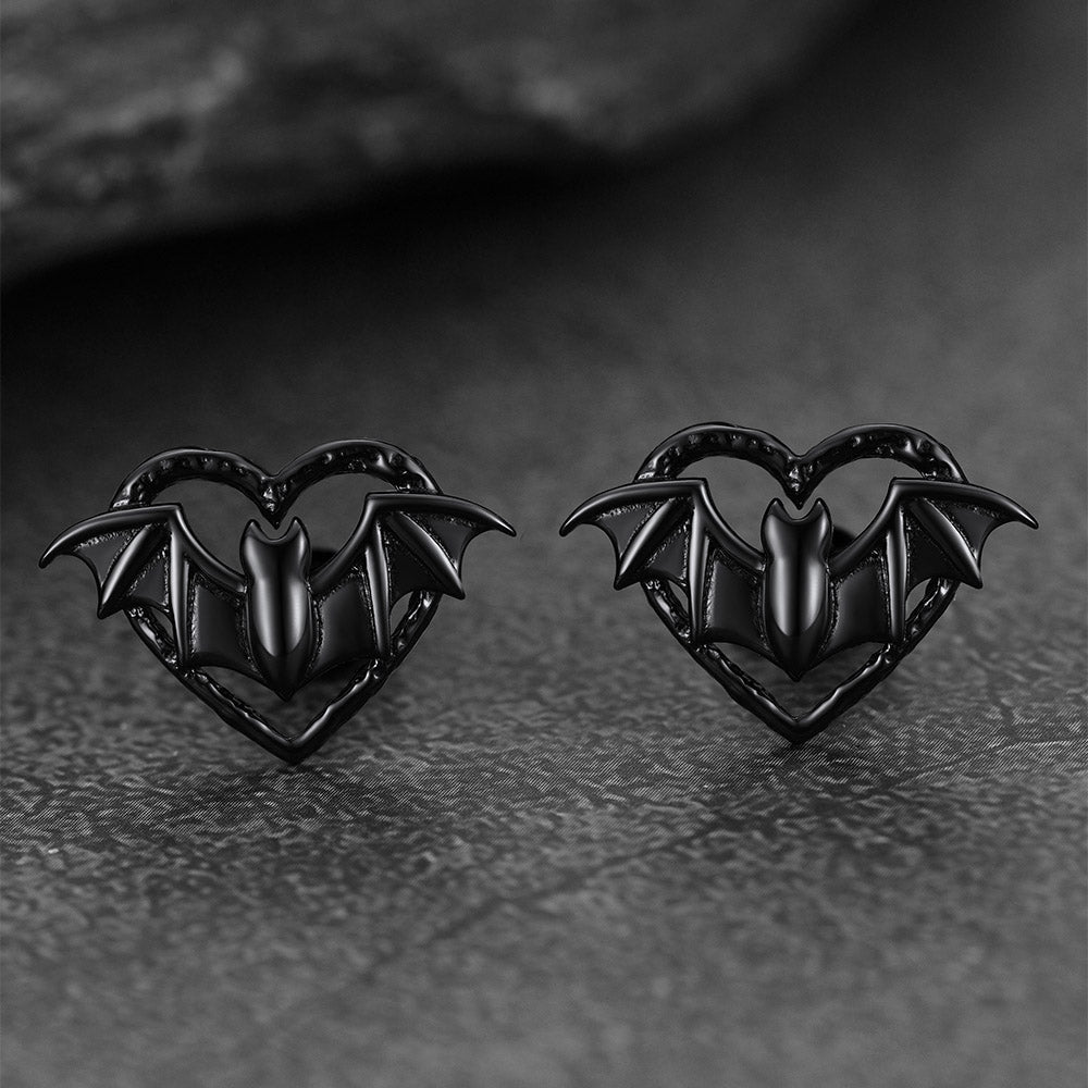 Halloween Bat Heart Stud Earrings for Women in Sterling Silver