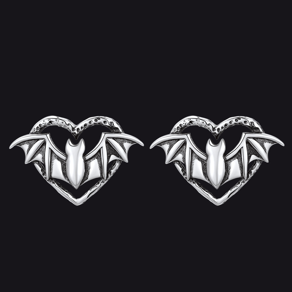 Halloween Bat Heart Stud Earrings for Women in Sterling Silver