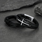 Viking Black Engraved Leather Braided Wristband Bracelet for Men