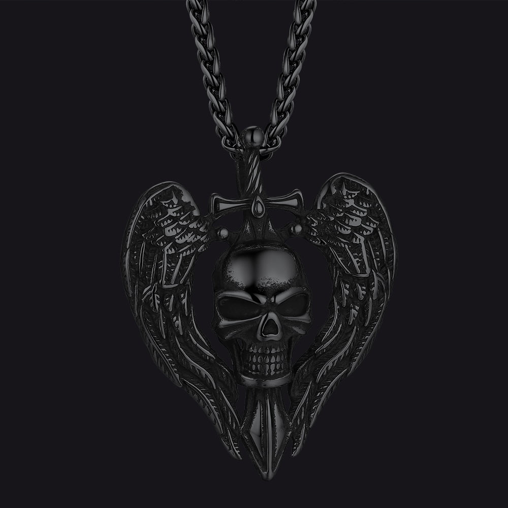 Gothic Sword Wings Skull Pendant Necklace for Men