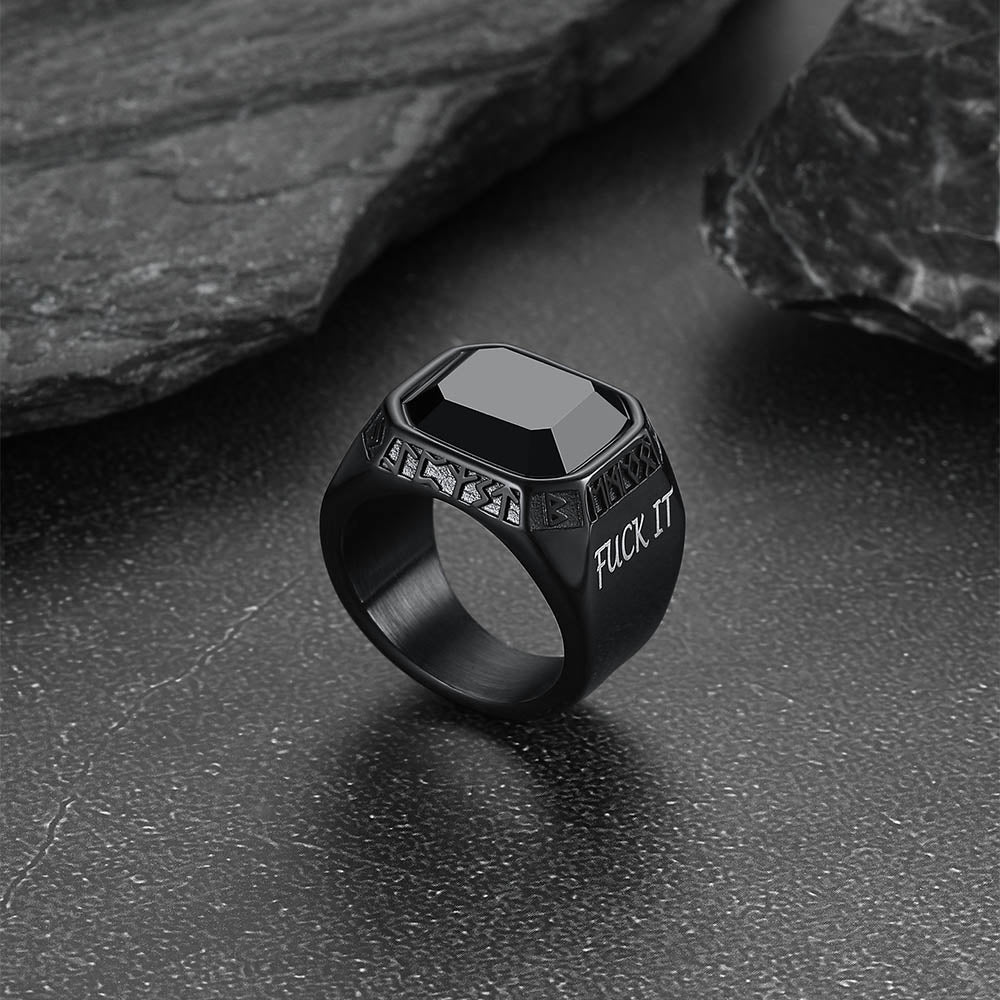 F*ck it Black Onyx Ring with Viking Runes for Men