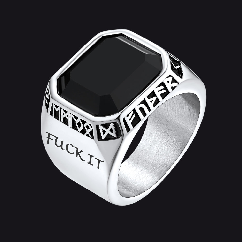 F*ck it Black Onyx Ring with Viking Runes for Men