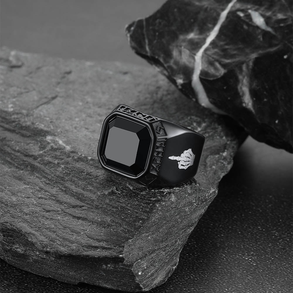 F*ck it Black Onyx Ring with Viking Runes for Men