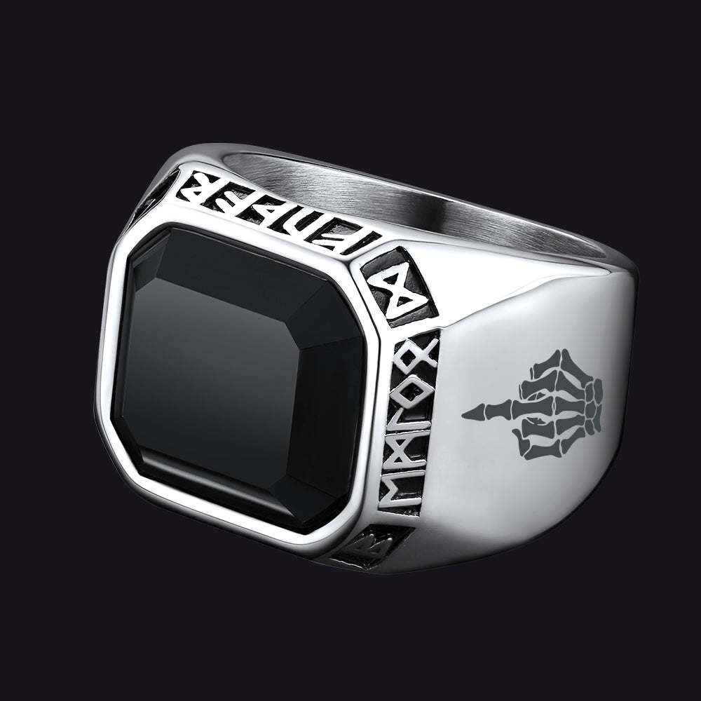 F*ck it Black Onyx Ring with Viking Runes for Men