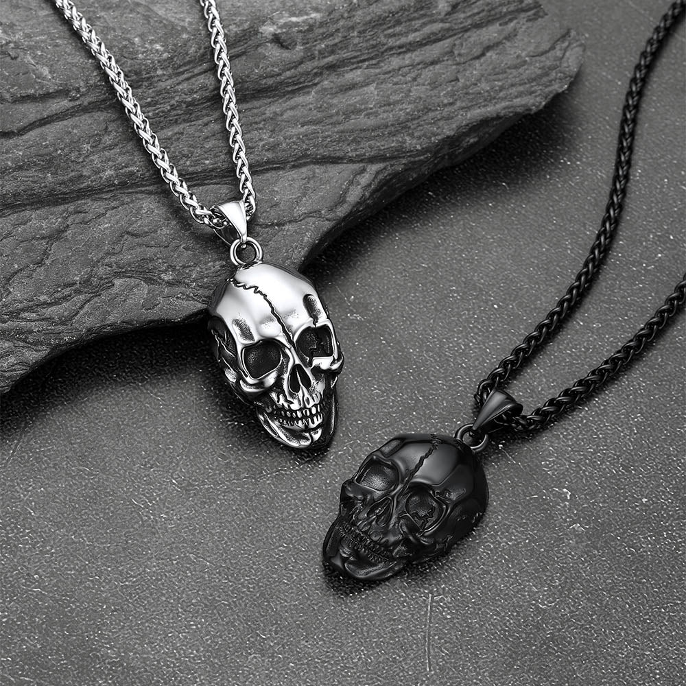 Gothic Skull Necklace with Fissured Skeleton Head for Men