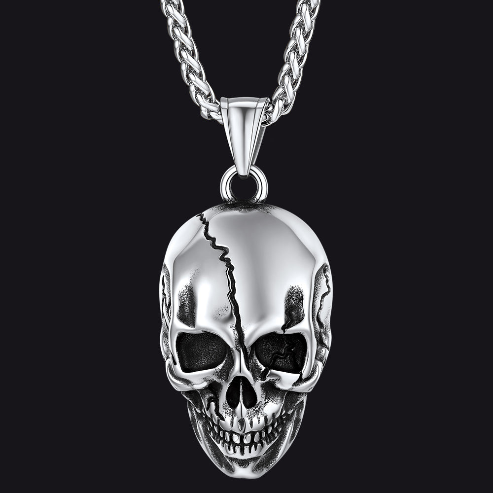 Gothic Skull Necklace with Fissured Skeleton Head for Men