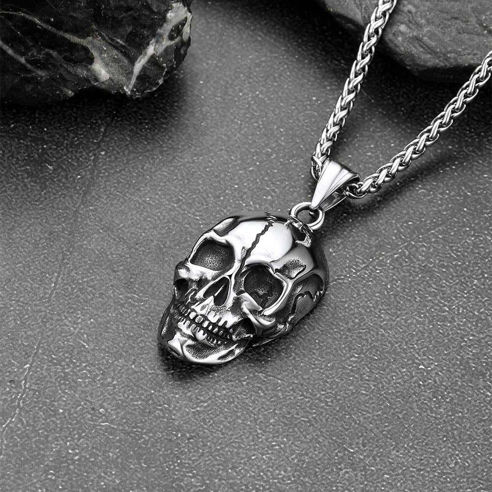 Gothic Skull Necklace with Fissured Skeleton Head for Men